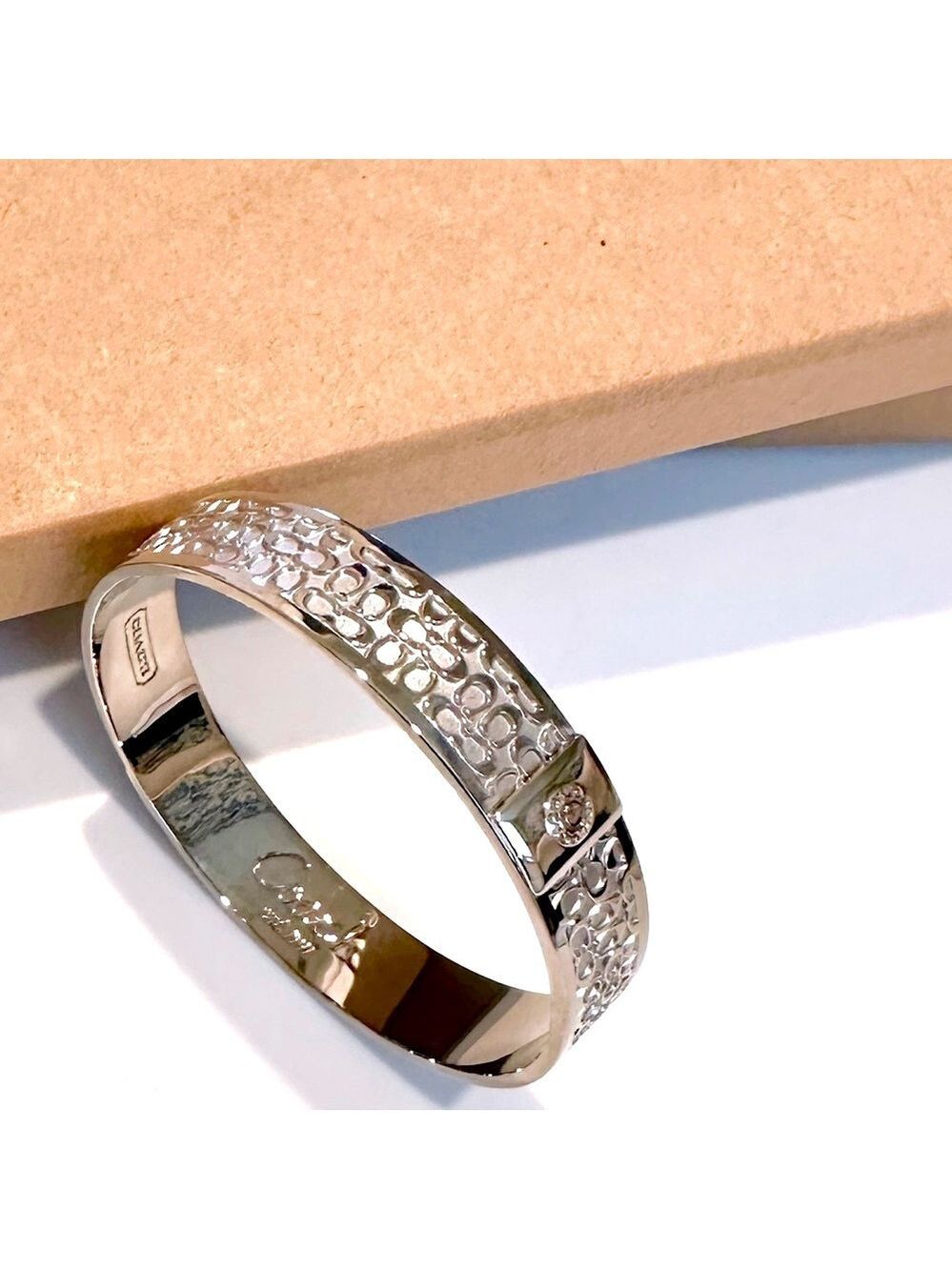 COACH Silver Signature Engraved Logo Bangle NWOT - Picture 3 of 12